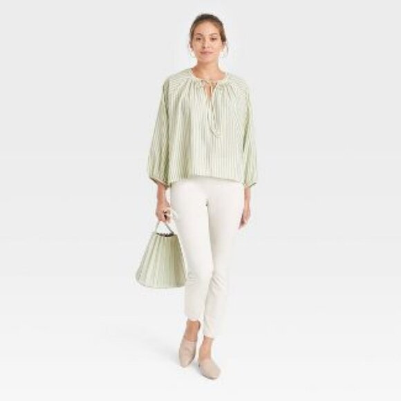 NWT A New Day Light Green Striped M Ragland Long Sleeve Tie Front Top - Picture 7 of 7